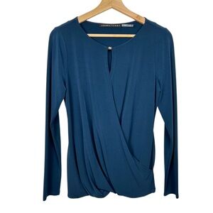 IVANKA TRUMP Stretch Jersey Cross Over Front Blouse, Dark Teal Blue, Size Small